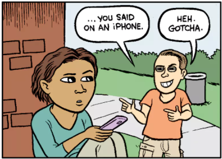 The panel from the "Mister Gotcha" comic from The Nib where a woman is sitting with her phone giving a confused and annoyed stare at a man who is pointing finger guns at her with a very smug look with a speech bubble that says "heh gotcha"